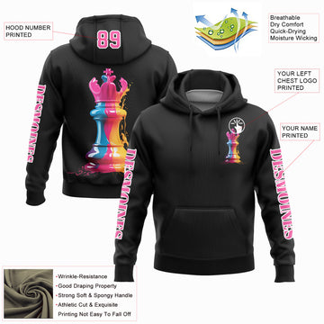 Custom Stitched Black Pink-White 3D Watercolor Chess Piece International Chess Day Sports Pullover Sweatshirt Hoodie