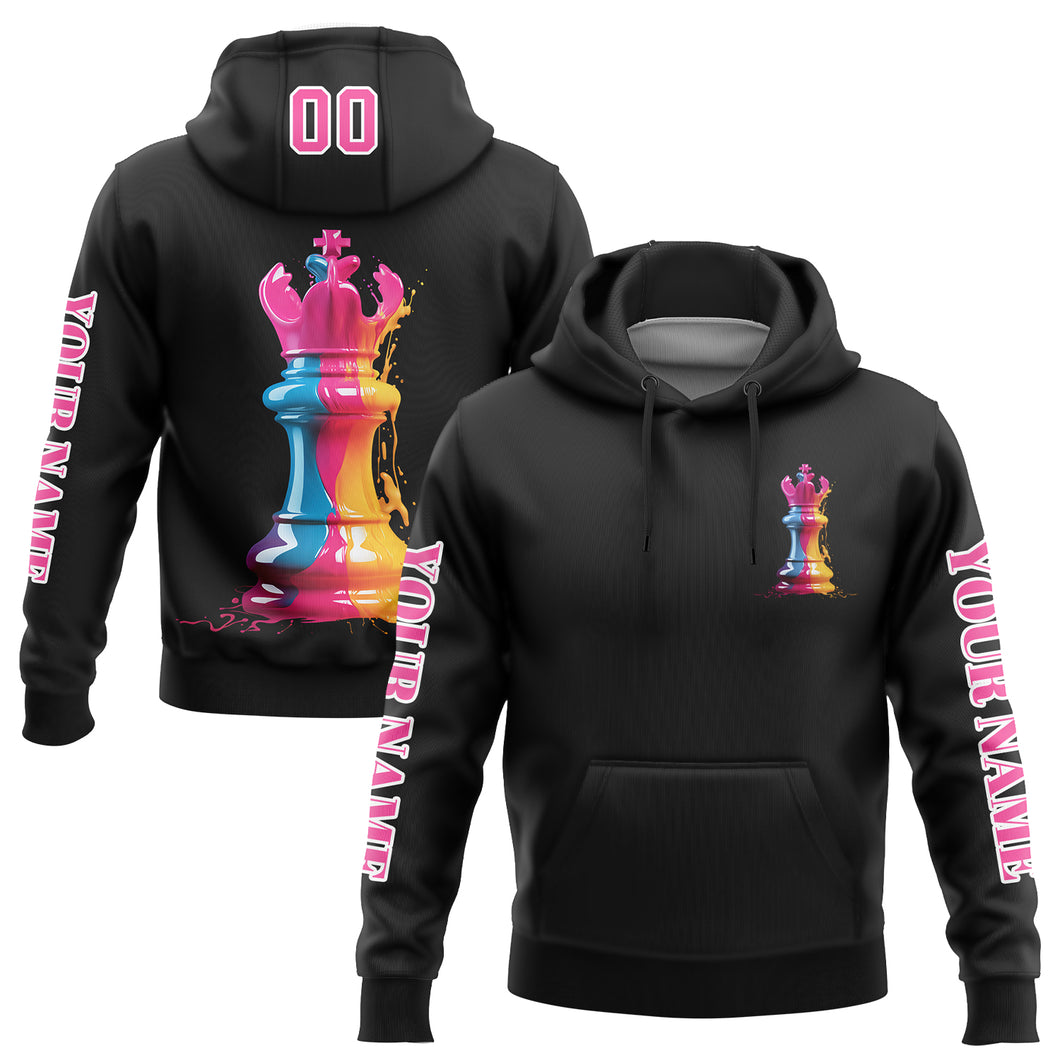 Custom Stitched Black Pink-White 3D Watercolor Chess Piece International Chess Day Sports Pullover Sweatshirt Hoodie