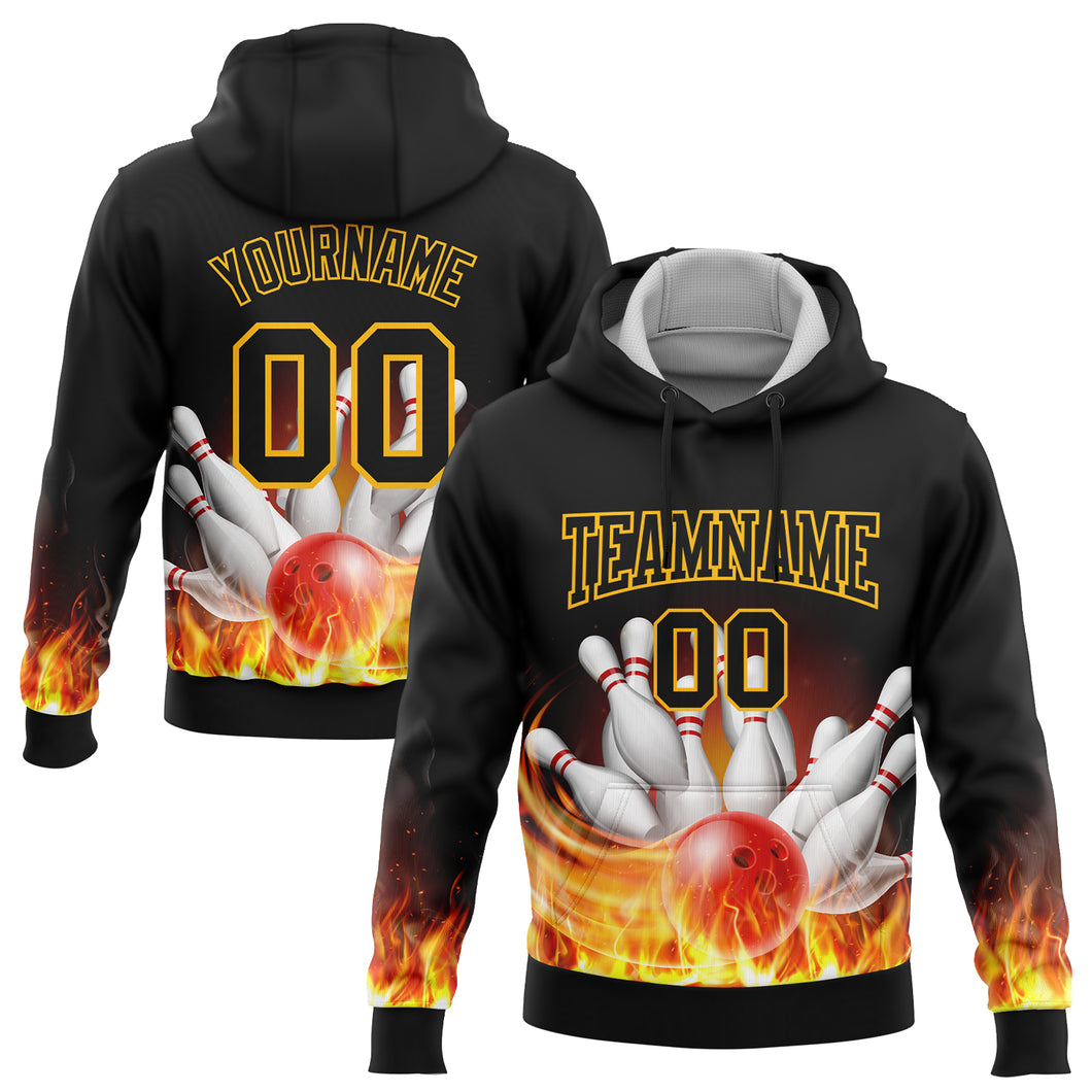 Custom Stitched Black Gold 3D Flame Bowling Sports Pullover Sweatshirt Hoodie