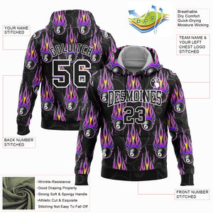 Custom Stitched Black White-Purple 3D Flame Billiard Snooker 8 Ball Sports Pullover Sweatshirt Hoodie