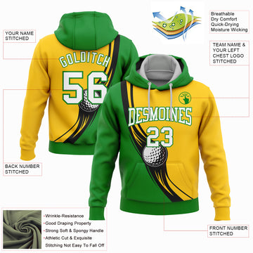 Custom Stitched Yellow White-Grass Green 3D Golf Ball Sports Pullover Sweatshirt Hoodie