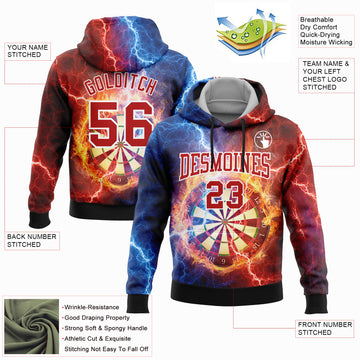 Custom Stitched Black Red-White 3D Lightning Flame Dart Board Sports Pullover Sweatshirt Hoodie