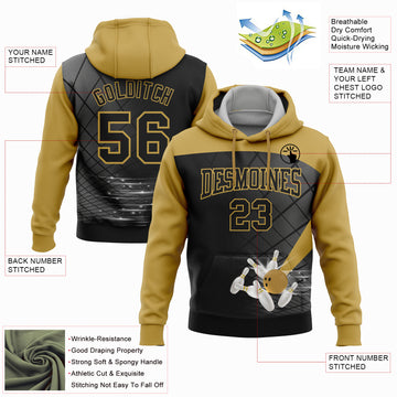 Custom Stitched Black Old Gold 3D Bowling Sports Pullover Sweatshirt Hoodie