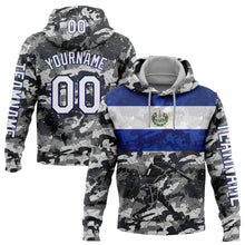 Load image into Gallery viewer, Custom Stitched Camo White-Navy 3D El Salvador El Salvadoran Flag Sports Pullover Sweatshirt Salute To Service Hoodie
