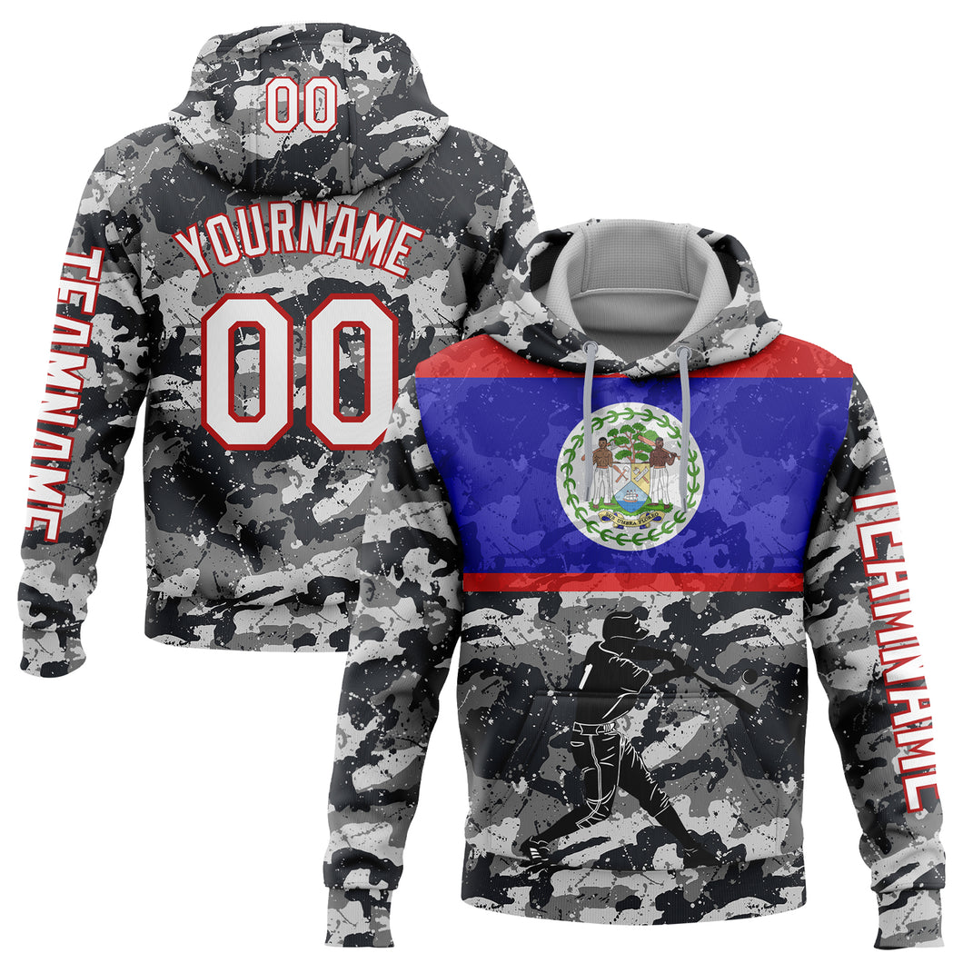 Custom Stitched Camo White-Red 3D Belize Belizean Flag Sports Pullover Sweatshirt Salute To Service Hoodie