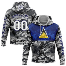 Load image into Gallery viewer, Custom Stitched Camo White-Navy 3D Saint Lucia Saint Lucian Flag Sports Pullover Sweatshirt Salute To Service Hoodie
