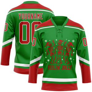 Custom Grass Green Red-White Funny Christmas 3D Hockey Lace Neck Jersey