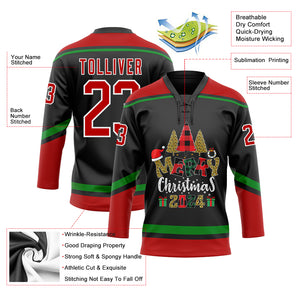 Custom Black Red-Grass Green Funny Christmas 3D Hockey Lace Neck Jersey