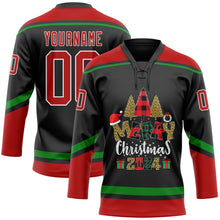 Загрузить изображение в средство просмотра галереи, Custom Black Red-Grass Green Funny Christmas 3D Hockey Lace Neck Jersey
