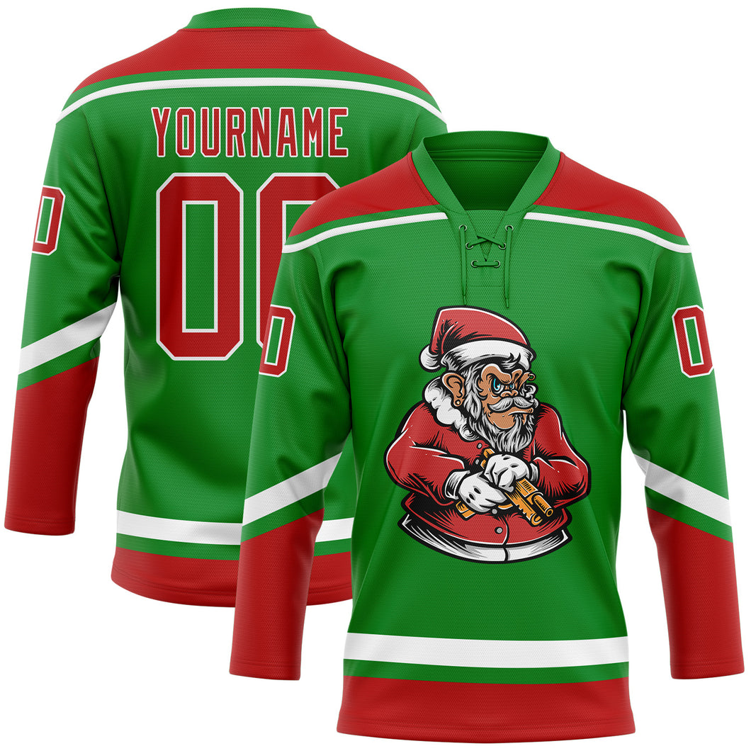 Custom Grass Green Red-White Funny Christmas 3D Hockey Lace Neck Jersey