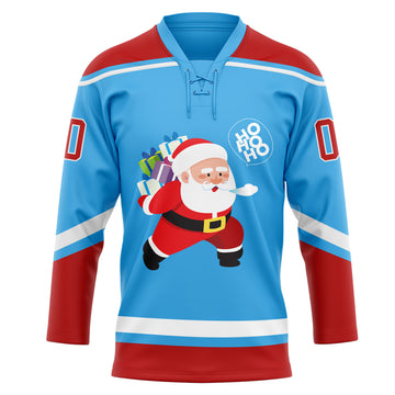 Custom Sky Blue Red-White Funny Christmas 3D Hockey Lace Neck Jersey