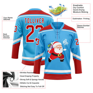 Custom Sky Blue Red-White Funny Christmas 3D Hockey Lace Neck Jersey