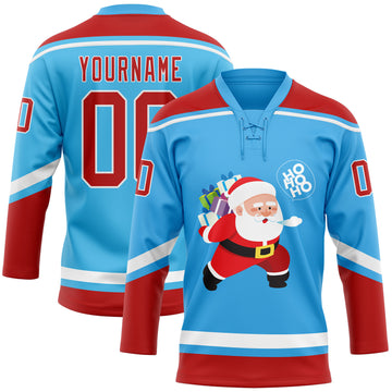 Custom Sky Blue Red-White Funny Christmas 3D Hockey Lace Neck Jersey