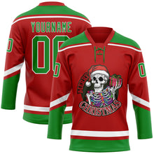 Laden Sie das Bild in den Galerie-Viewer, Custom Red Grass Green-White Funny Christmas 3D Hockey Lace Neck Jersey
