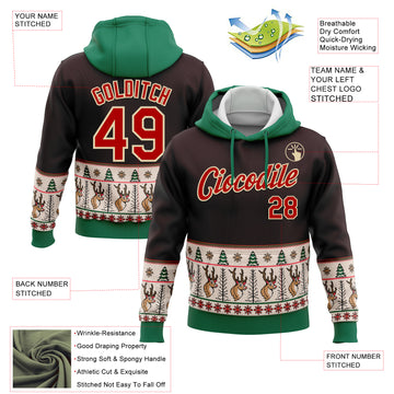 Custom Stitched Brown Red Cream-Kelly Green Christmas 3D Sports Pullover Sweatshirt Hoodie