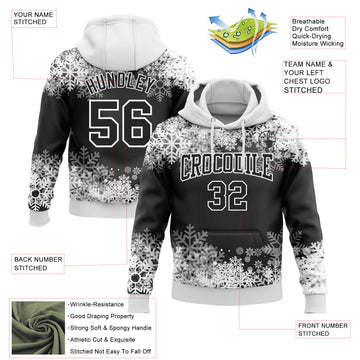 Custom Stitched Black White Christmas Snowflakes 3D Sports Pullover Sweatshirt Hoodie