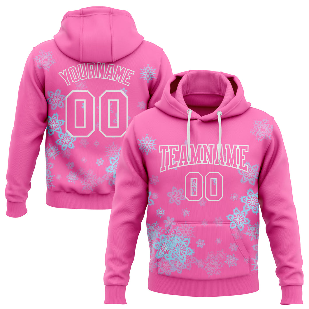 Custom Stitched Pink White Christmas Snowflakes 3D Sports Pullover Sweatshirt Hoodie