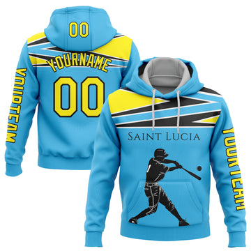 Custom Stitched Sky Blue Light Yellow-Black 3D Saint Lucia Saint Lucian Flag Sports Pullover Sweatshirt Hoodie