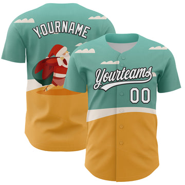 Custom Teal Black-Old Gold 3D Funny Christmas Authentic Baseball Jersey