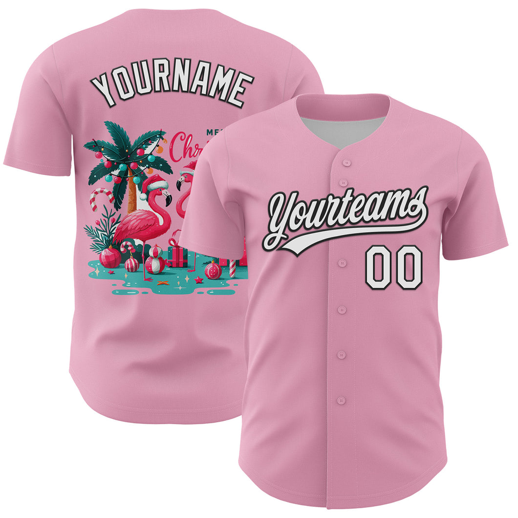 Custom Light Pink White-Black 3D Funny Christmas Authentic Baseball Jersey