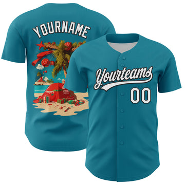 Custom Teal White-Black 3D Funny Christmas Authentic Baseball Jersey