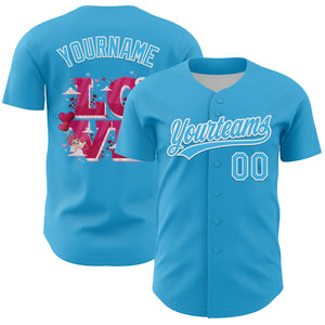 Custom Sky Blue White 3D Love Heart Valentine's Day Authentic Baseball Jersey