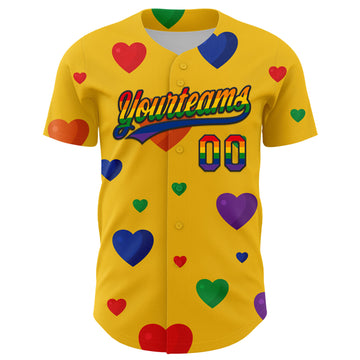 Custom Yellow Rainbow-Black 3D Love Heart Valentine's Day Authentic Baseball Jersey