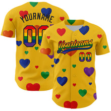 Load image into Gallery viewer, Custom Yellow Rainbow-Black 3D Love Heart Valentine&#39;s Day Authentic Baseball Jersey
