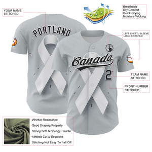 Custom Gray Black White 3D Lung Cancer Ribbon Authentic Baseball Jersey