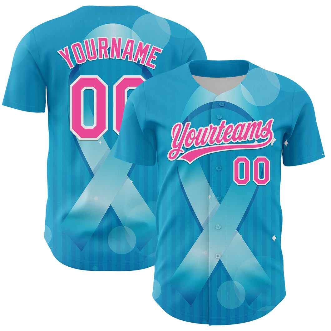 Custom Sky Blue Pink-White 3D Prostate Cancer Ribbon Authentic Baseball Jersey