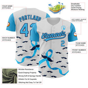 Custom White Sky Blue-Navy 3D Prostate Cancer Ribbon Authentic Baseball Jersey