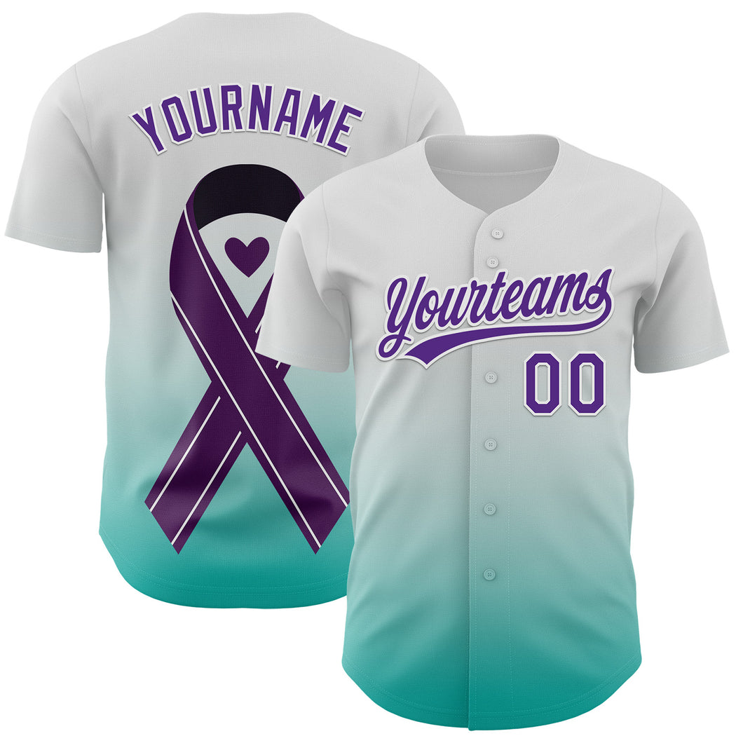 Custom White Purple-Aqua 3D Testicular Cancer Ribbon Authentic Baseball Jersey