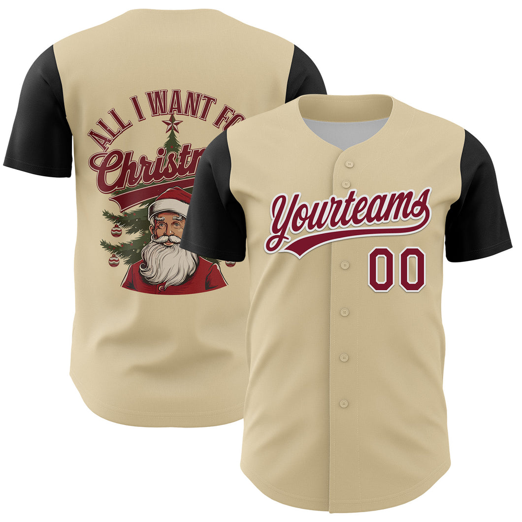 Custom Cream Crimson-White 3D Funny Christmas Authentic Baseball Jersey