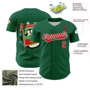 Custom Kelly Green Fire Red-White 3D Funny Christmas Authentic Baseball Jersey