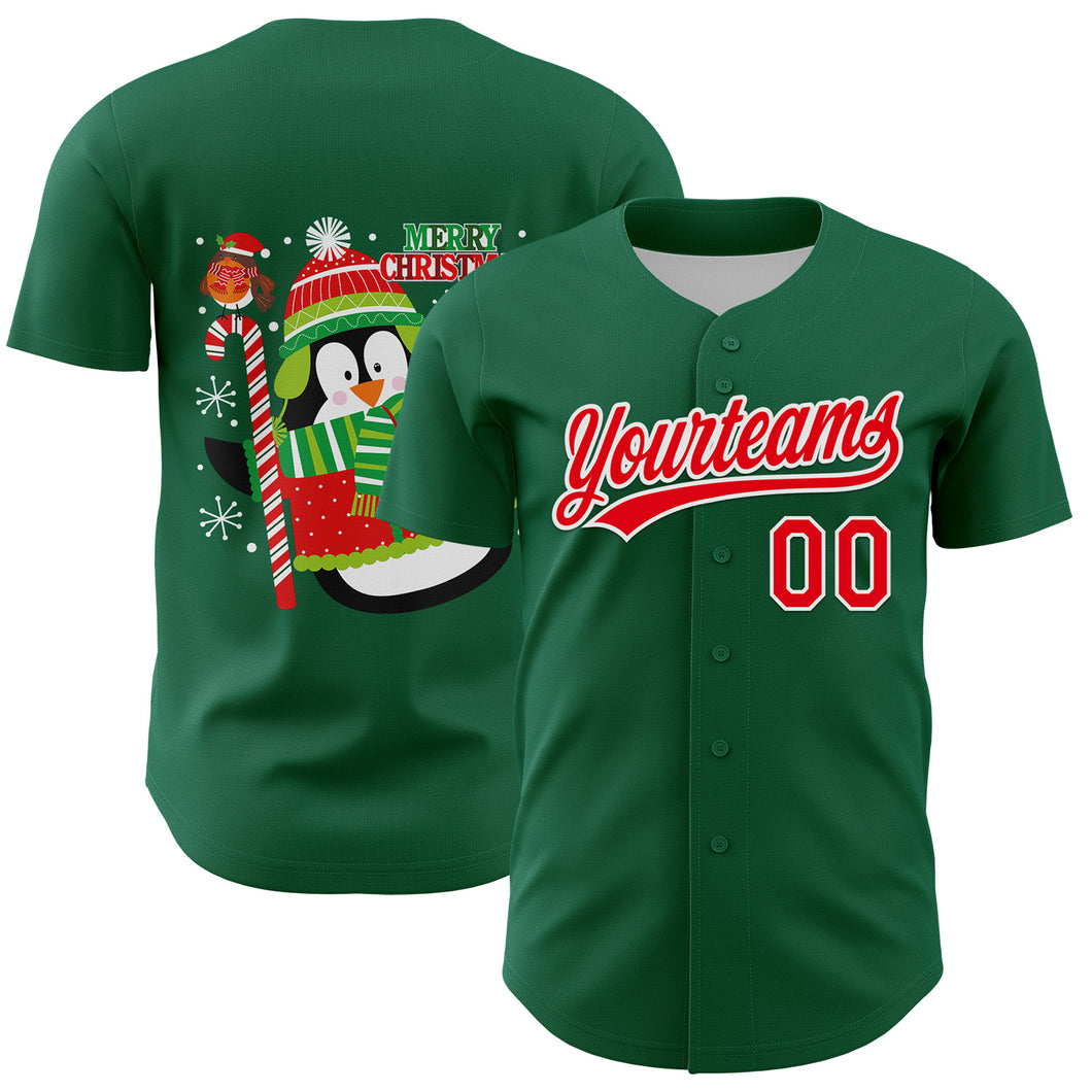 Custom Kelly Green Fire Red-White 3D Funny Christmas Authentic Baseball Jersey