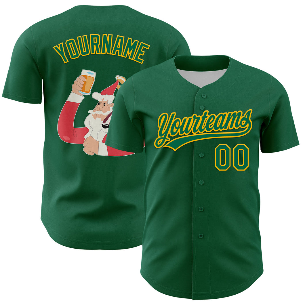 Custom Kelly Green Gold 3D Funny Christmas Authentic Baseball Jersey