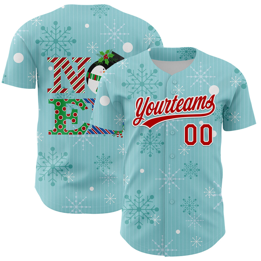 Custom Ice Blue Red-Kelly Green 3D Funny Christmas Authentic Baseball Jersey