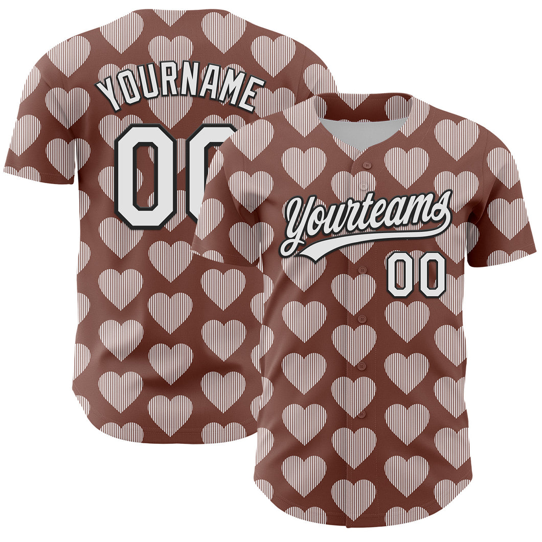 Custom Brown White-Black 3D Love Heart Valentine's Day Authentic Baseball Jersey