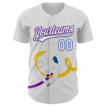 Загрузить изображение в средство просмотра галереи, Custom White Purple Thunder Blue-Yellow 3D Bladder Cancer Ribbon Authentic Baseball Jersey
