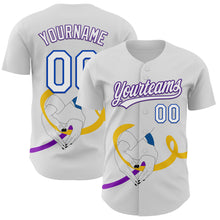 Загрузить изображение в средство просмотра галереи, Custom White Purple Thunder Blue-Yellow 3D Bladder Cancer Ribbon Authentic Baseball Jersey
