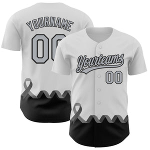 Custom White Gray-Black 3D Brain Cancer Ribbon Authentic Baseball Jersey