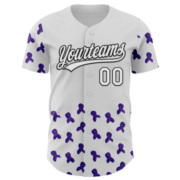 Custom White Purple-Black 3D Gynecological Cancer Ribbon Authentic Baseball Jersey