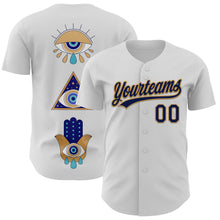 Laden Sie das Bild in den Galerie-Viewer, Custom White Navy-Old Gold 3D Pattern Design Evil Eyes Authentic Baseball Jersey
