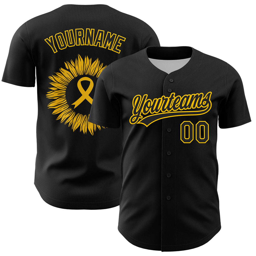 Custom Black Yellow 3D Childhood Cancer Gold Ribbon Authentic Baseball Jersey