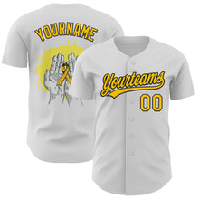 Load image into Gallery viewer, Custom White Yellow-Black 3D Childhood Cancer Gold Ribbon Authentic Baseball Jersey
