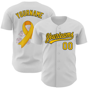 Custom White Yellow-Black 3D Childhood Cancer Gold Ribbon Authentic Baseball Jersey