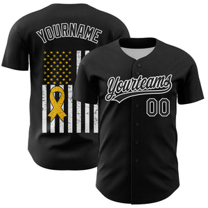 Custom Black White-Yellow 3D Childhood Cancer Gold Ribbon American Flag Authentic Baseball Jersey