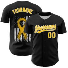 Laden Sie das Bild in den Galerie-Viewer, Custom Black Yellow-White 3D Childhood Cancer Gold Ribbon American Flag Authentic Baseball Jersey
