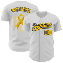 Load image into Gallery viewer, Custom White Yellow-Black 3D Childhood Cancer Gold Ribbon Authentic Baseball Jersey
