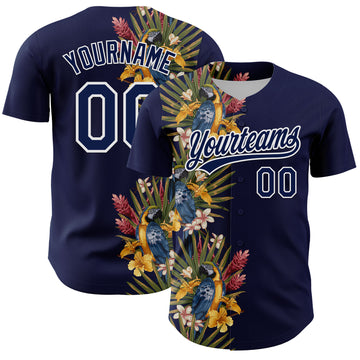 Custom Navy White 3D Tropical Hawaii Palm Tree And Bird Authentic Baseball Jersey